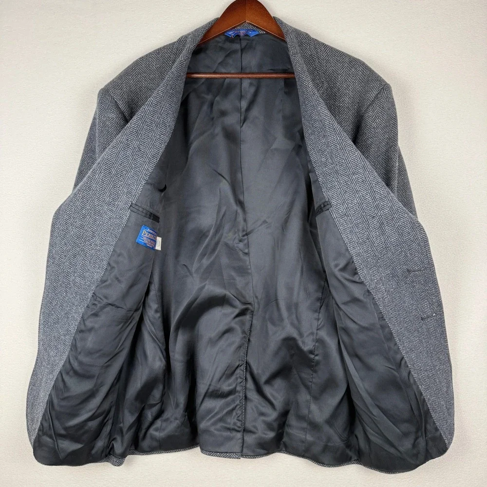 Pendleton Sport Coat Mens 44 Gray Herringbone Virgin Wool Elbow Patch Blazer